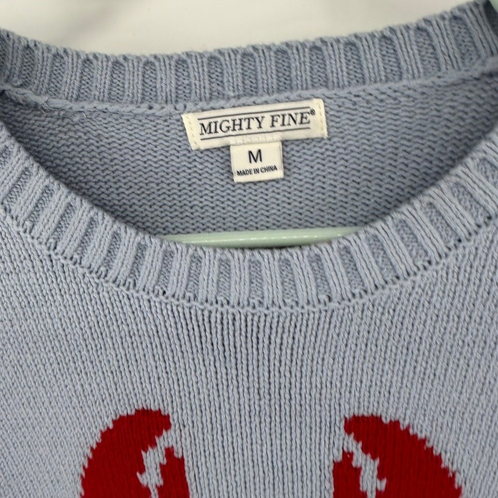 Mighty Fine Sweater Women Medium Blue Red Lobster Graphic Knit Pullover - Picture 2 of 5